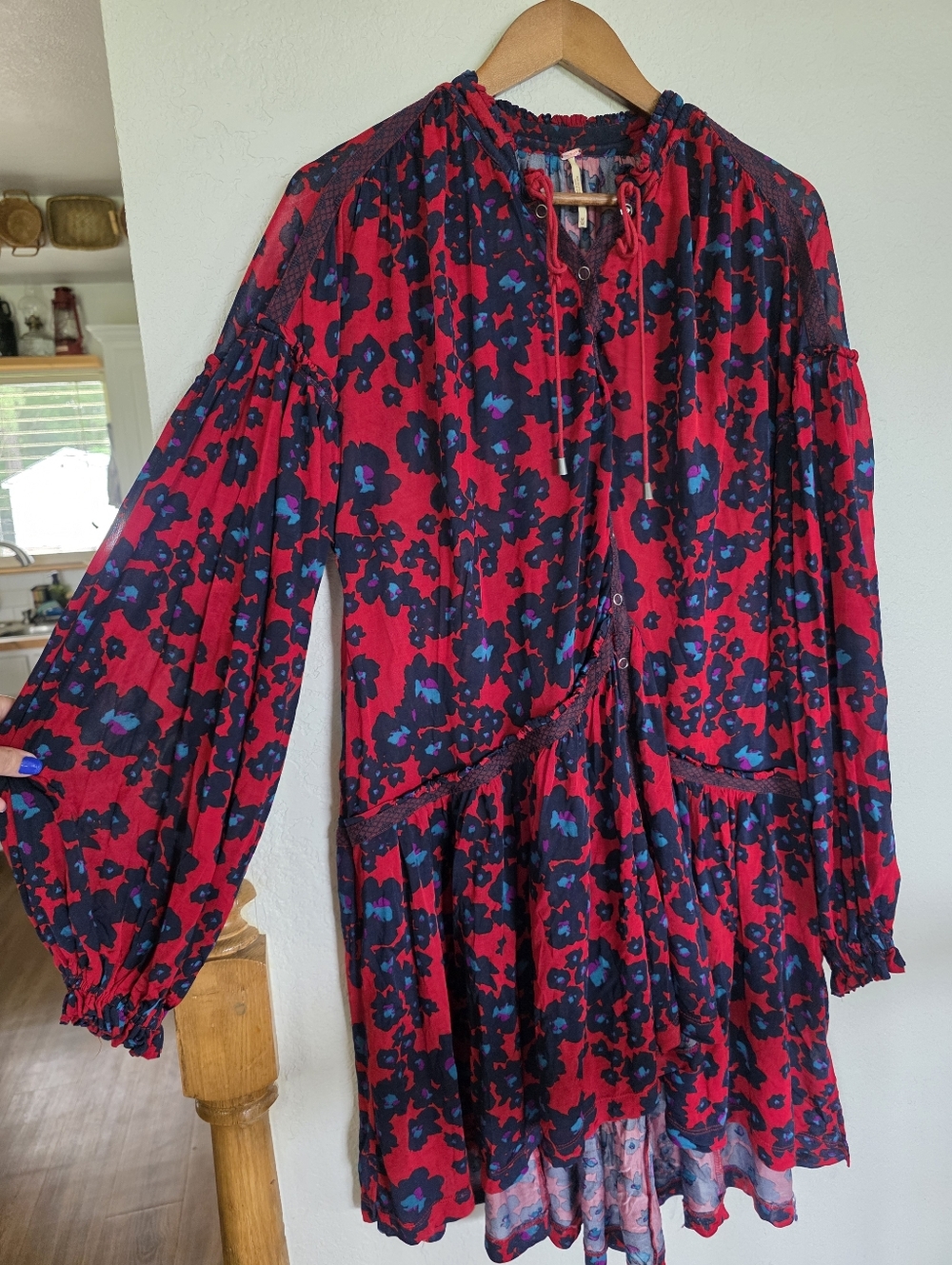 Free People Red Floral Long-Sleeve Tiered Tunic Dress Medium